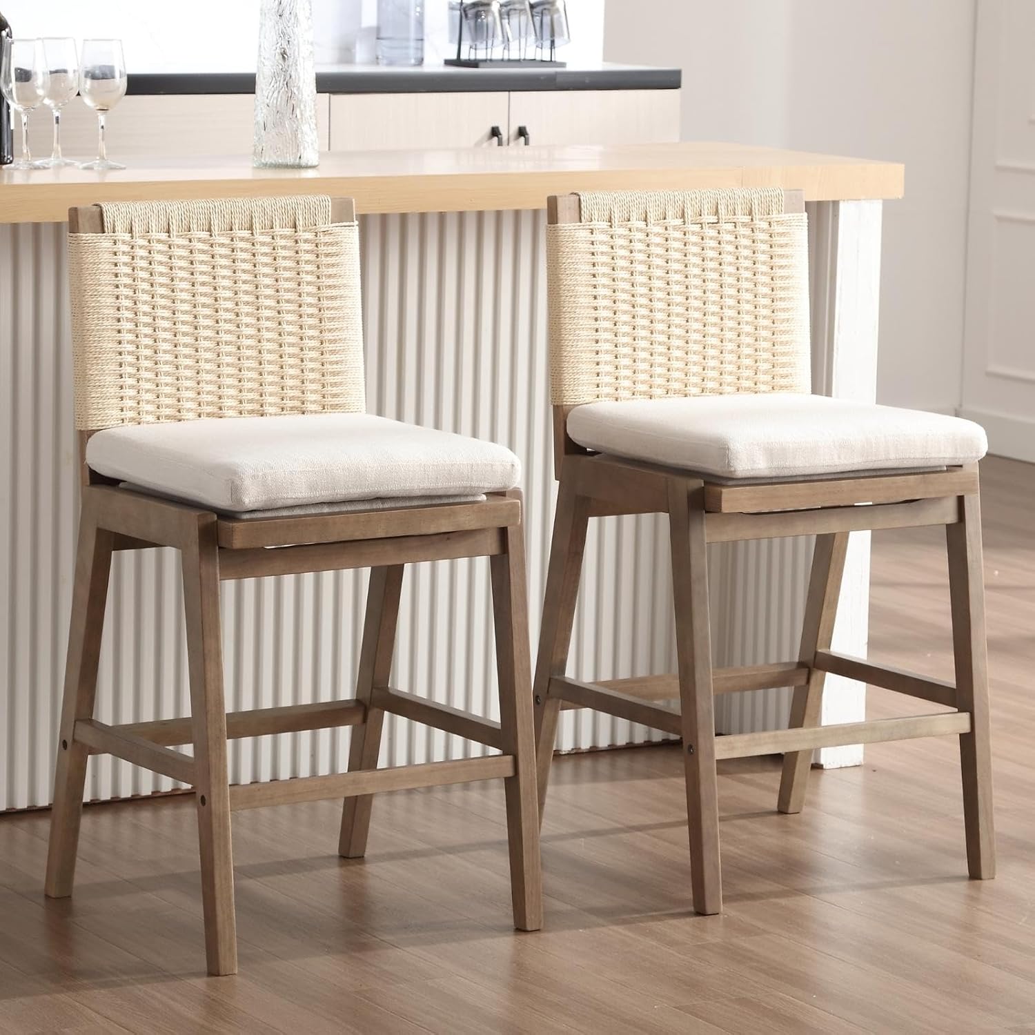 Modern Bar Stools Set of 2, 27" Counter Height Barstools with Woven Back