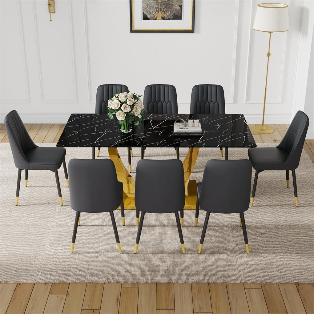 71" Dining Table Set for 8, Modern Faux Marble Dining Room Table Top with Metal U-Shaped Leg and Base
