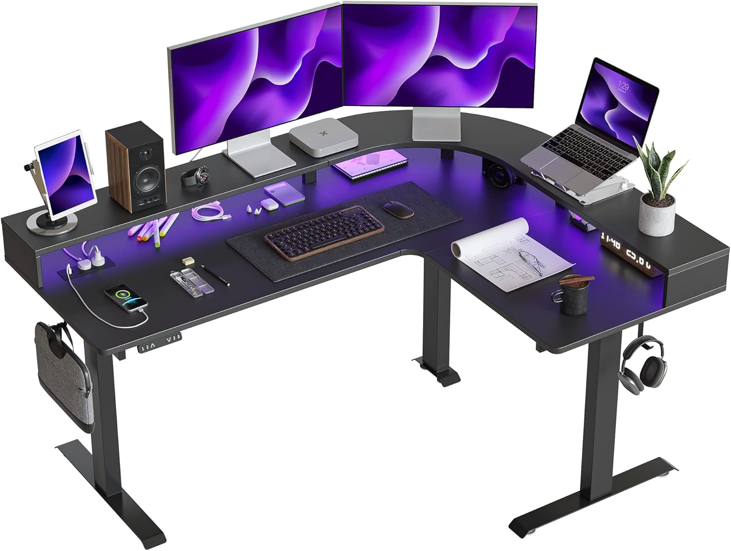 L Shaped Standing Desk with Arc LED & Power Outlet, Exclusive Uprated 3 Motors Support 330LBS