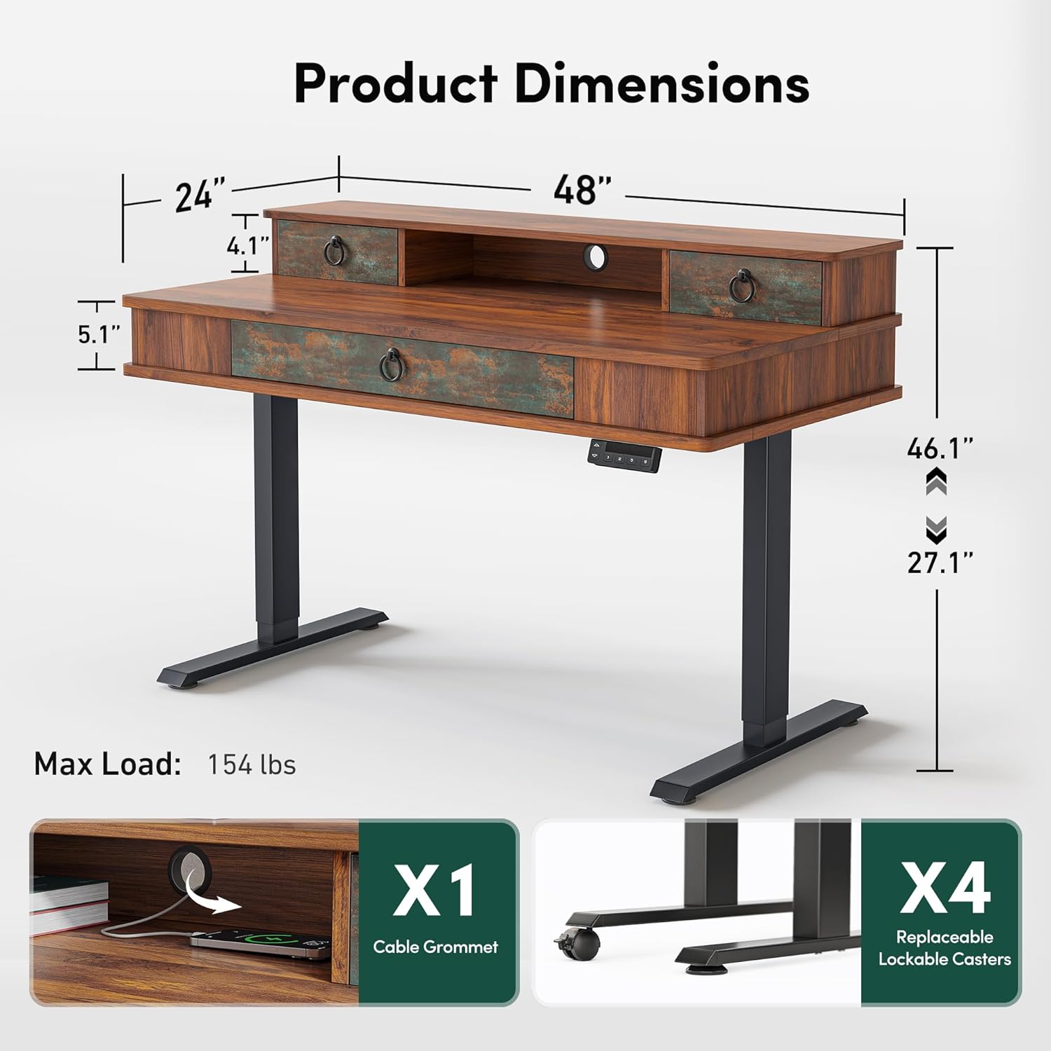 48 x 24 inches Whole-Piece Standing Desk Adjustable Height with 3 Drawers