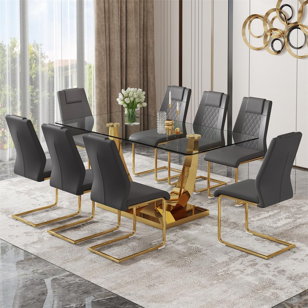 71'' Glass Dining Table Set for 8, Dining Table Set for 8, Dining Room Table Set for 8