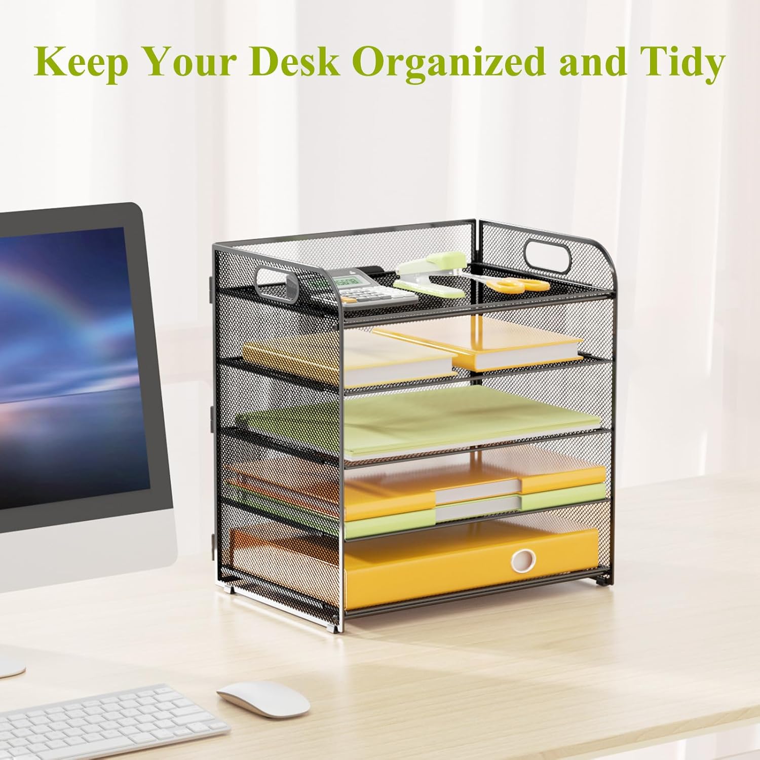5 Tier Paper Letter Tray Organizer with Handles, Mesh Desk File Organizer Metal Paper Sorter Holder