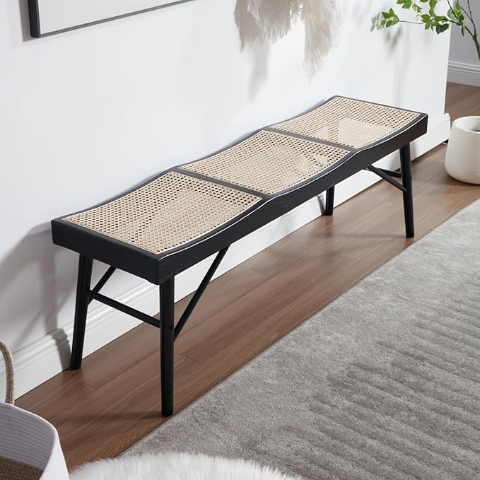 Solid Wood Entryway Bench, 55.25” Wide Natural Cane Seat Long Bench