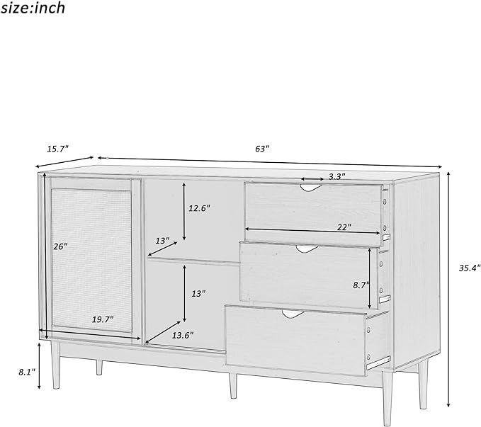 63" Modern Sideboard Cabinet, Kitchen Storage Cabinet