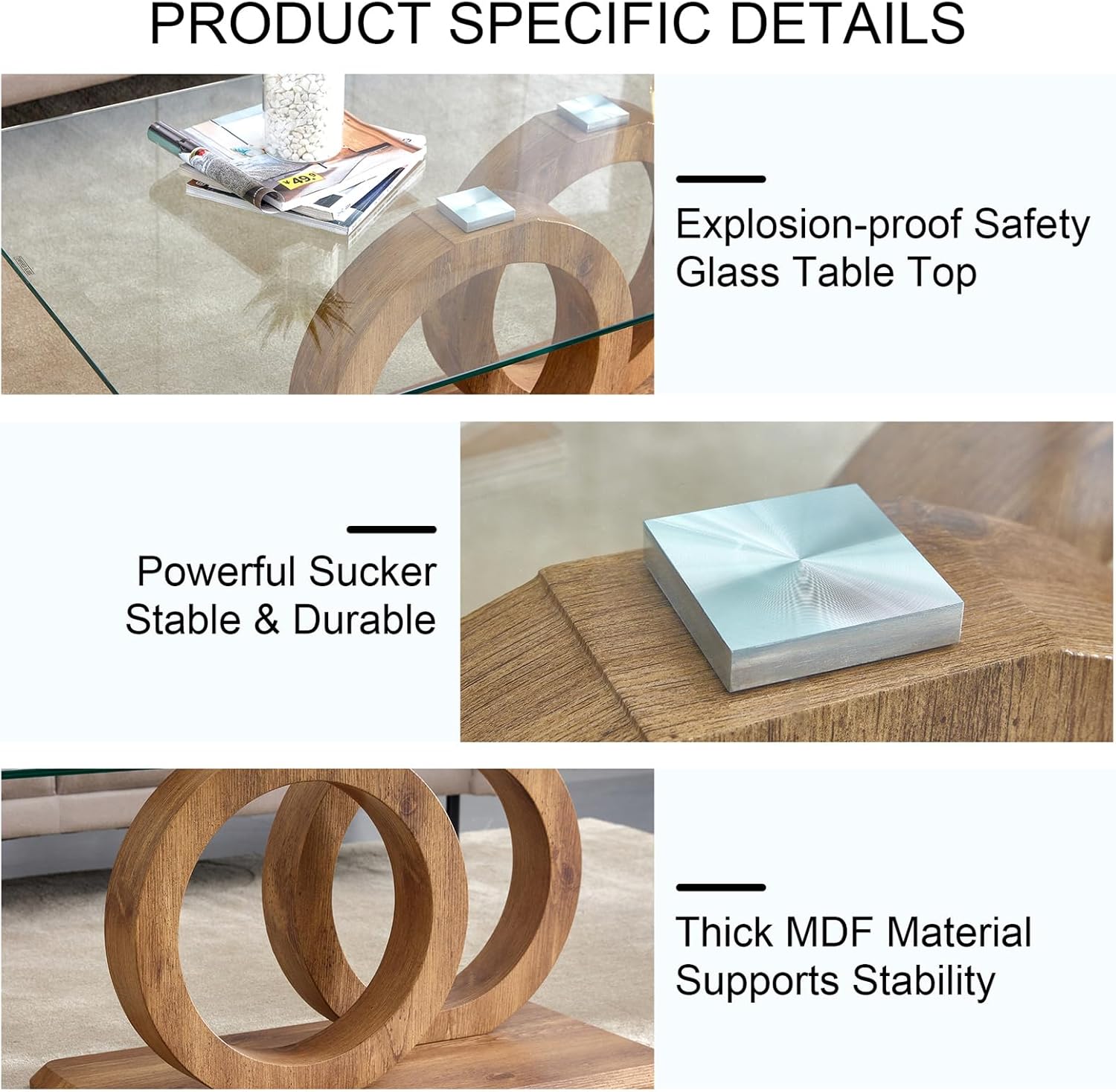 Wood Coffee Table, Coffee Table with Tempered Glass Top, Coffee Table with OO Structure and MDF Base