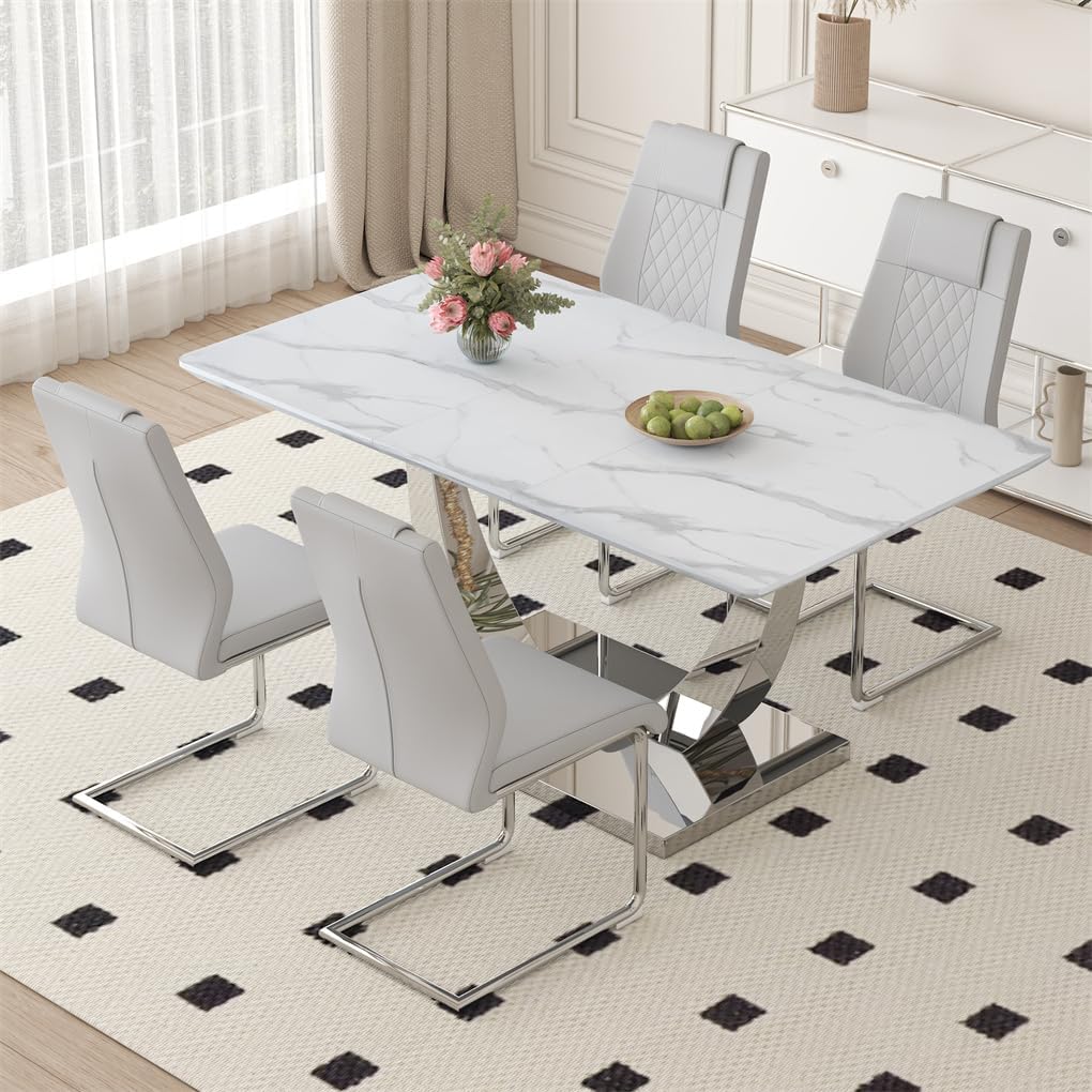 63" White Dining Table Set for 4, Faux Marble Dining Room Table with Stainless Steel Leg and Base