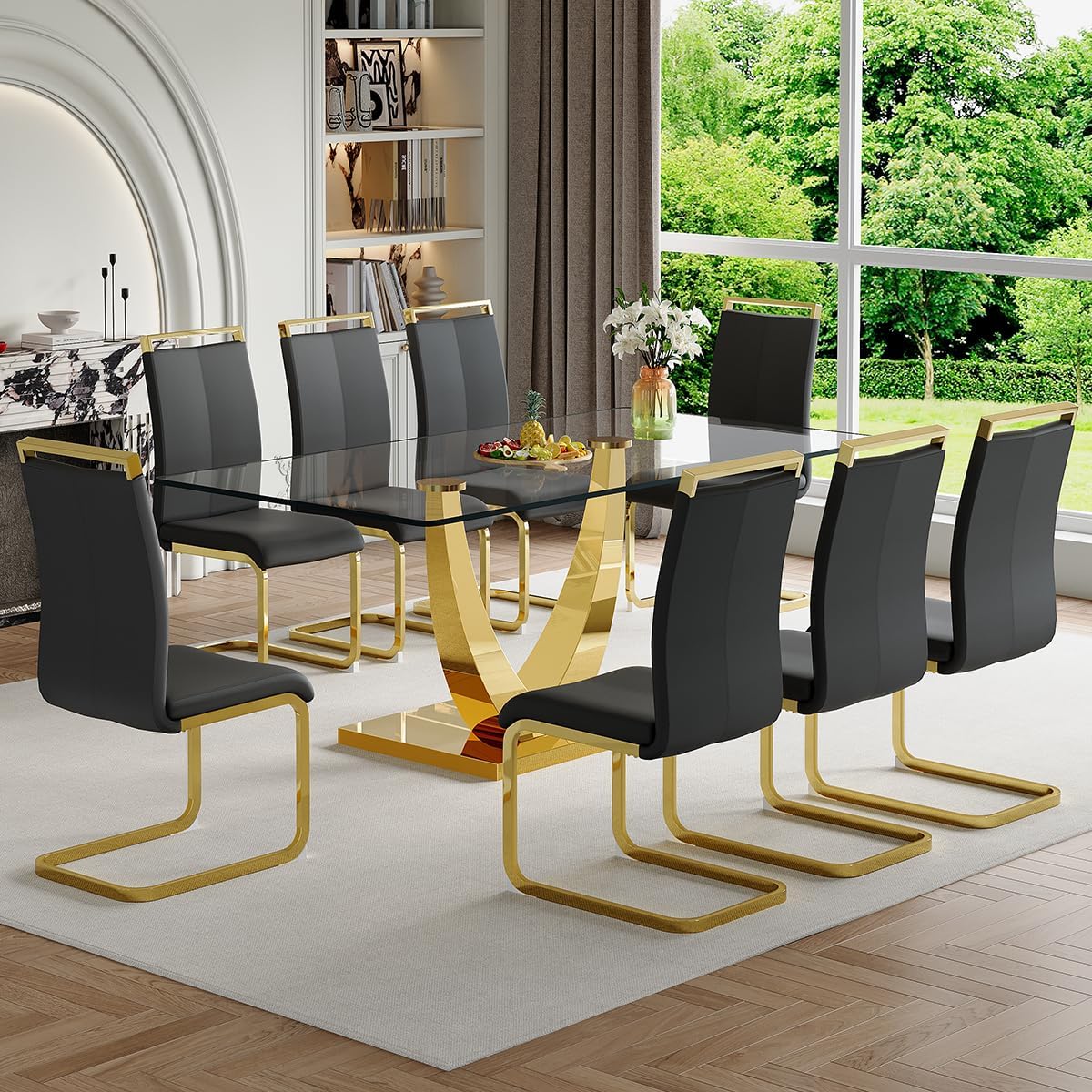 Glass Dining Table Set for 8, Dining Table Set for 8, 71" Dining Table with 8 Chairs Set 8 for Home