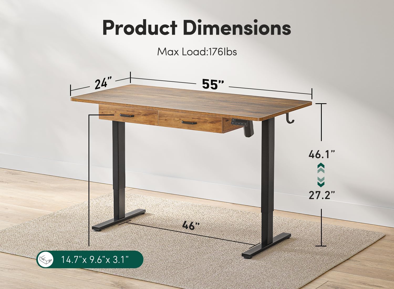 Adjustable Height Electric Standing Desk with Double Drawer, 55x 24 Inches Stand Up Home Office Desk with Splice Tabletop
