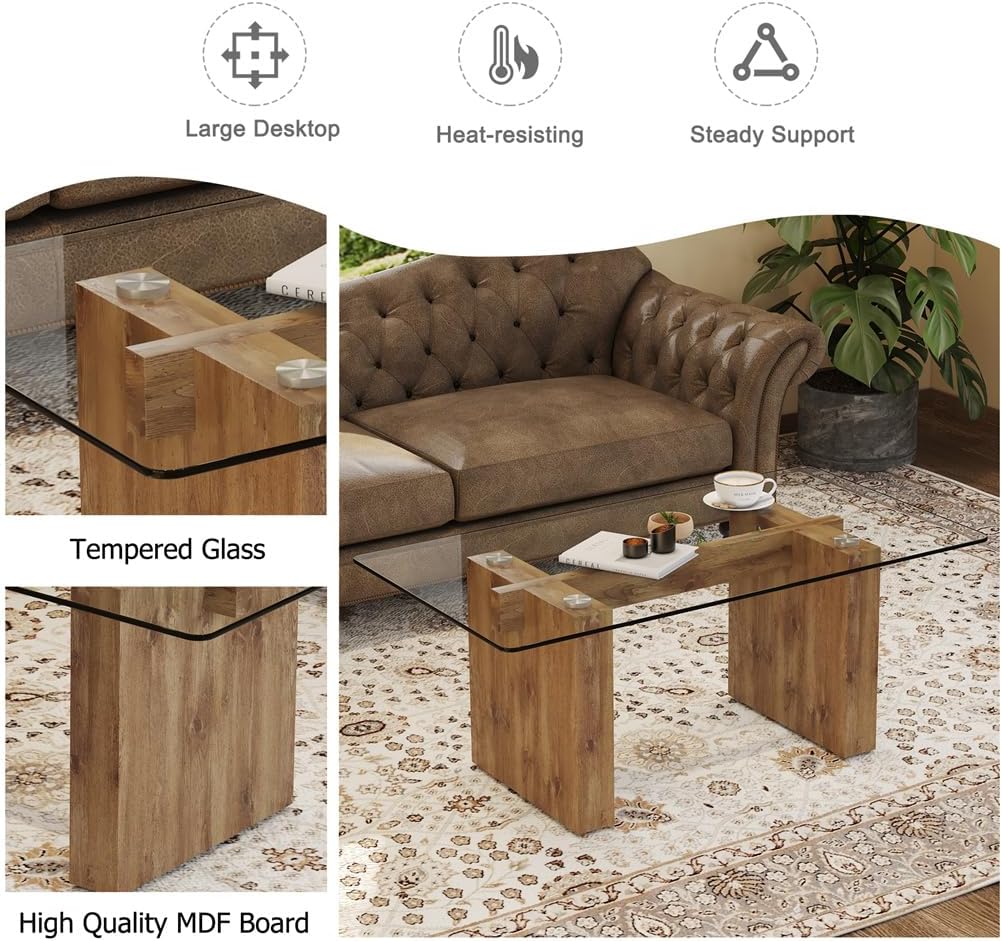 Wood Coffee Table, Coffee Table with Tempered Glass Top, Coffee Table with MDF Crossbar and Base
