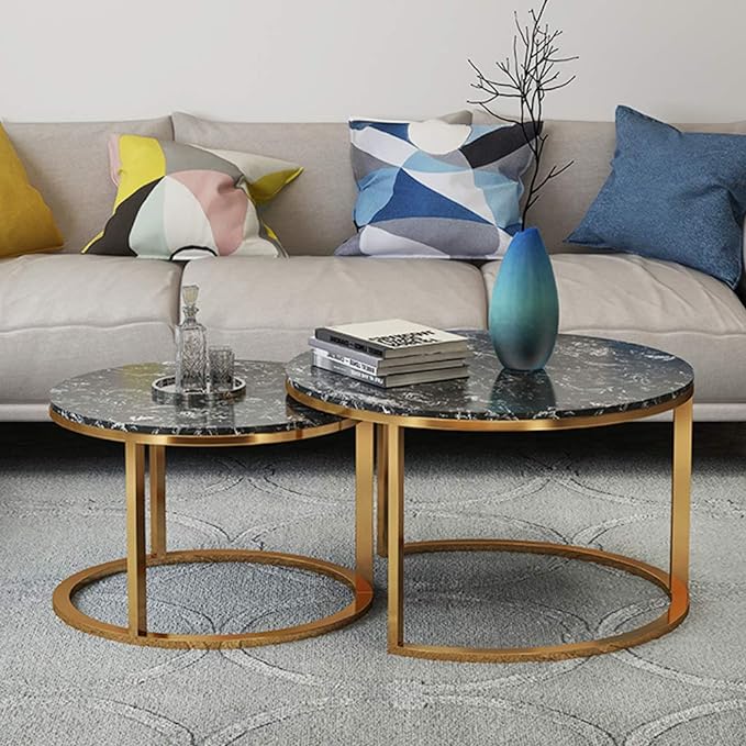 Set of 2 Stackable Round Coffee Table/Side Table Metal Golden Frame & Marble Desktop