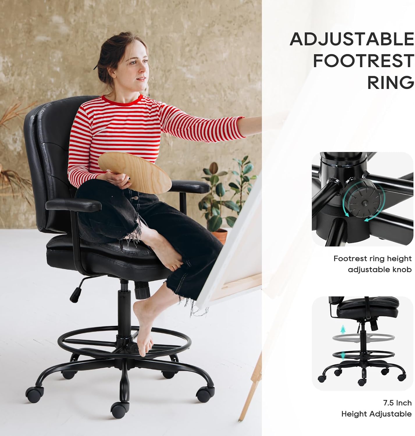 Leather Drafting Chair-Tall Office Chair 275lbs, Standing Desk Chair with Adjustable Footrest Ring, High Office Counter Height Desk Chair Black