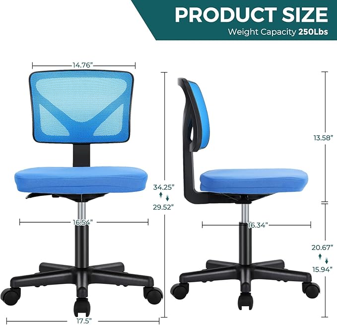 Armless Desk Chairs with Wheels Cute Home Office Chair No Arms, Ergonomic Adjustable Swivel Rolling Task Chair