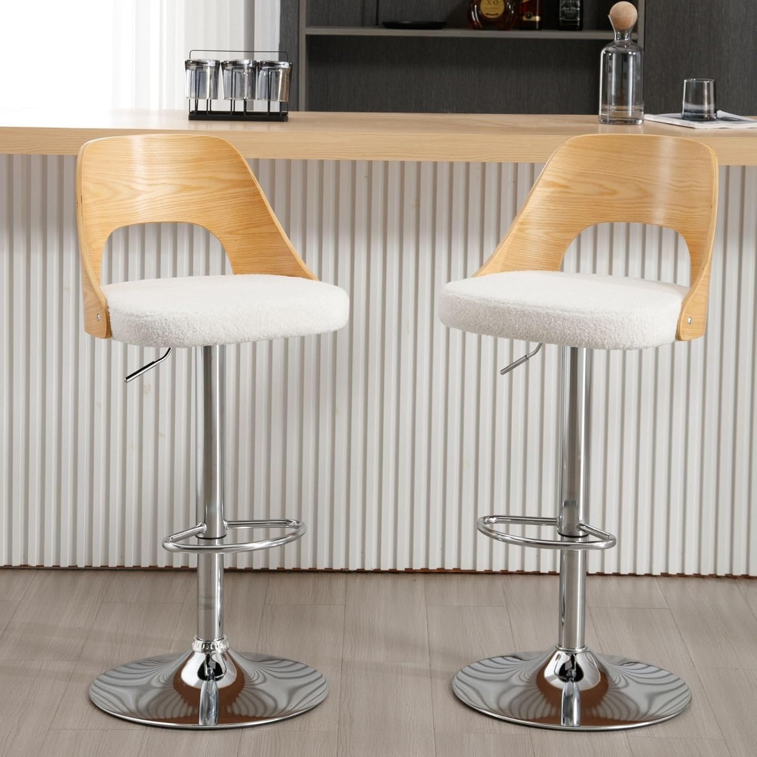 Swivel Bar Stools Set of 2, Adjustable Counter Height Barstools with Back, Sherpa Upholstered Barstool