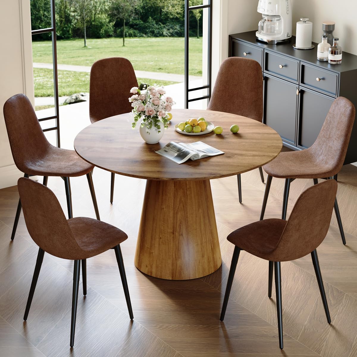 Round Dining Table Set for 6, 45''Round Wooden Dining Set with Cushioned Chairs