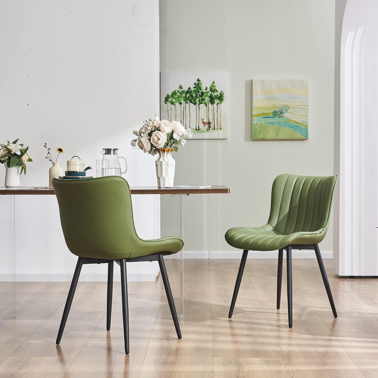 Olive Green Dining Chairs Set of 2 Upholstered Mid Century Modern Kitchen Chair Armless
