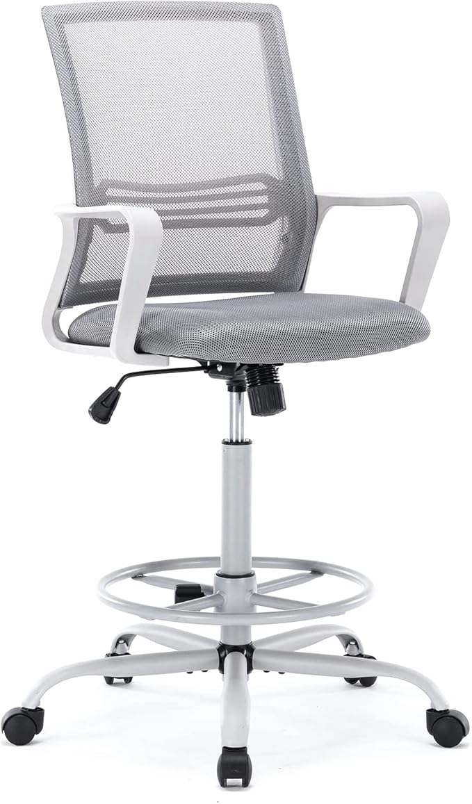 Mid-Back Mesh Tall Office Drafting Stool Chairs with Armrest for Standing Desk, Grey