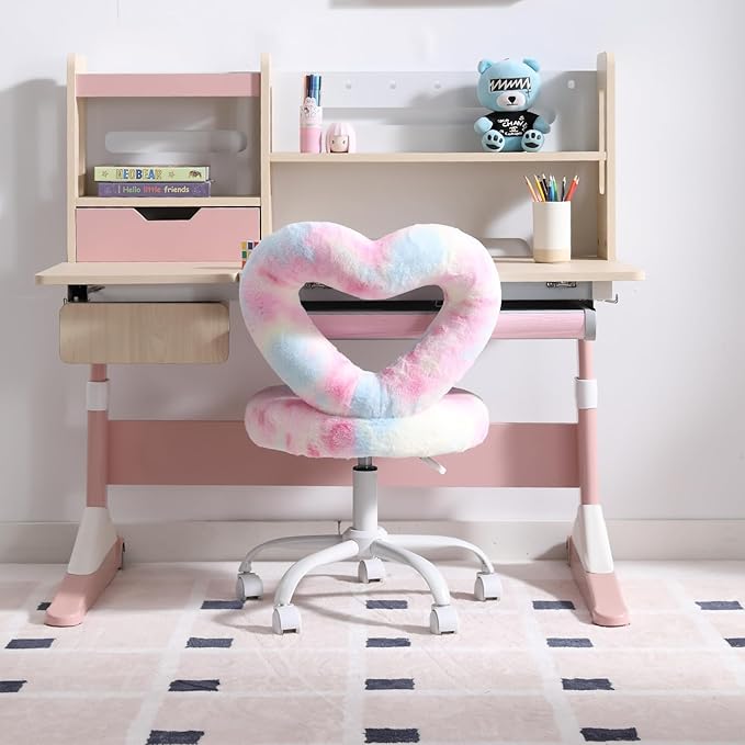 Faux Fur Kids Desk Chair, Heart Back Upholstered Computer Chair for Boys and Girls