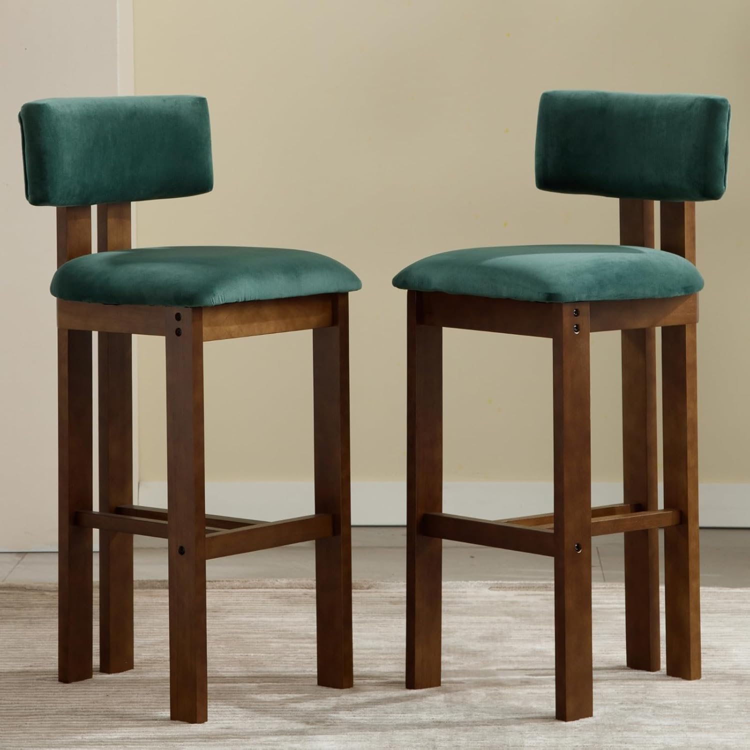 Modern Bar Stools Set of 2, 26'' Counter Height Bar Stools with Back & Solid Wood Legs
