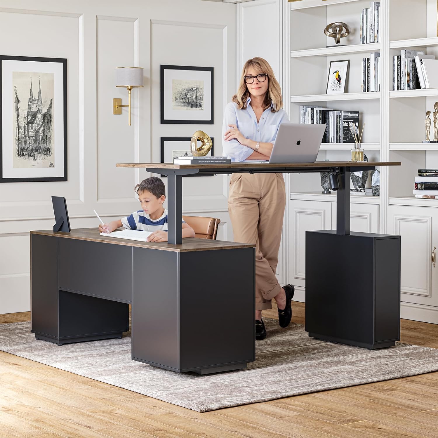 63" L Shaped Executive Standing Desk with File Cabinet