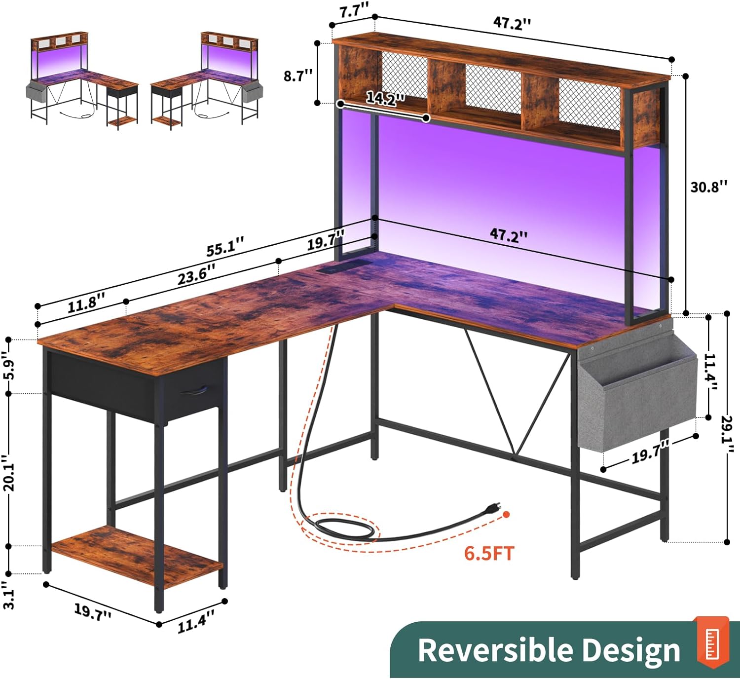 L Shaped Desk with LED Strip & Power Outlet, Reversible L-Shaped Computer Desk, Corner Desks Home Office Desk with Drawer
