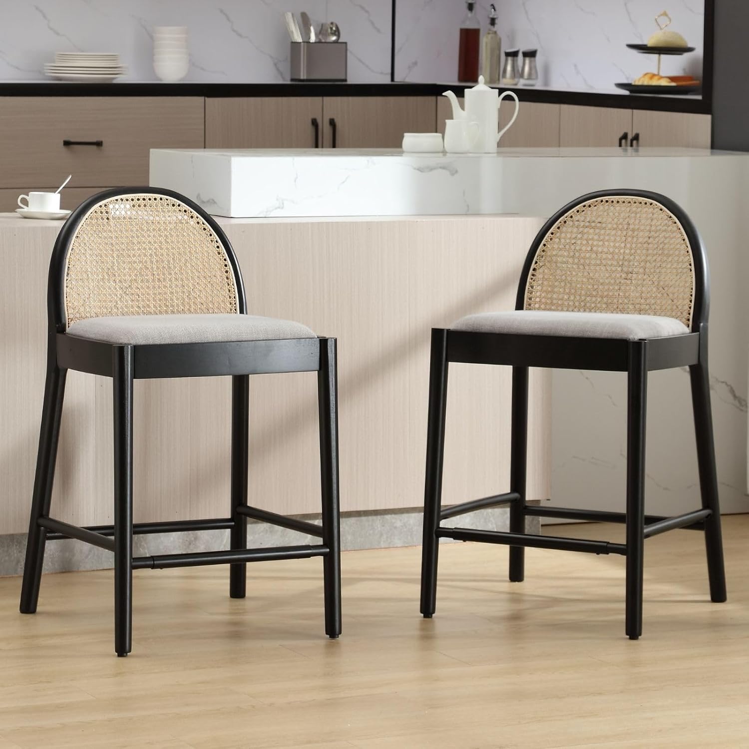 Modern Grey Rattan Counter Stools Set of 2, 26 Inch Height - Wooden Linen Upholstered Bar Stools