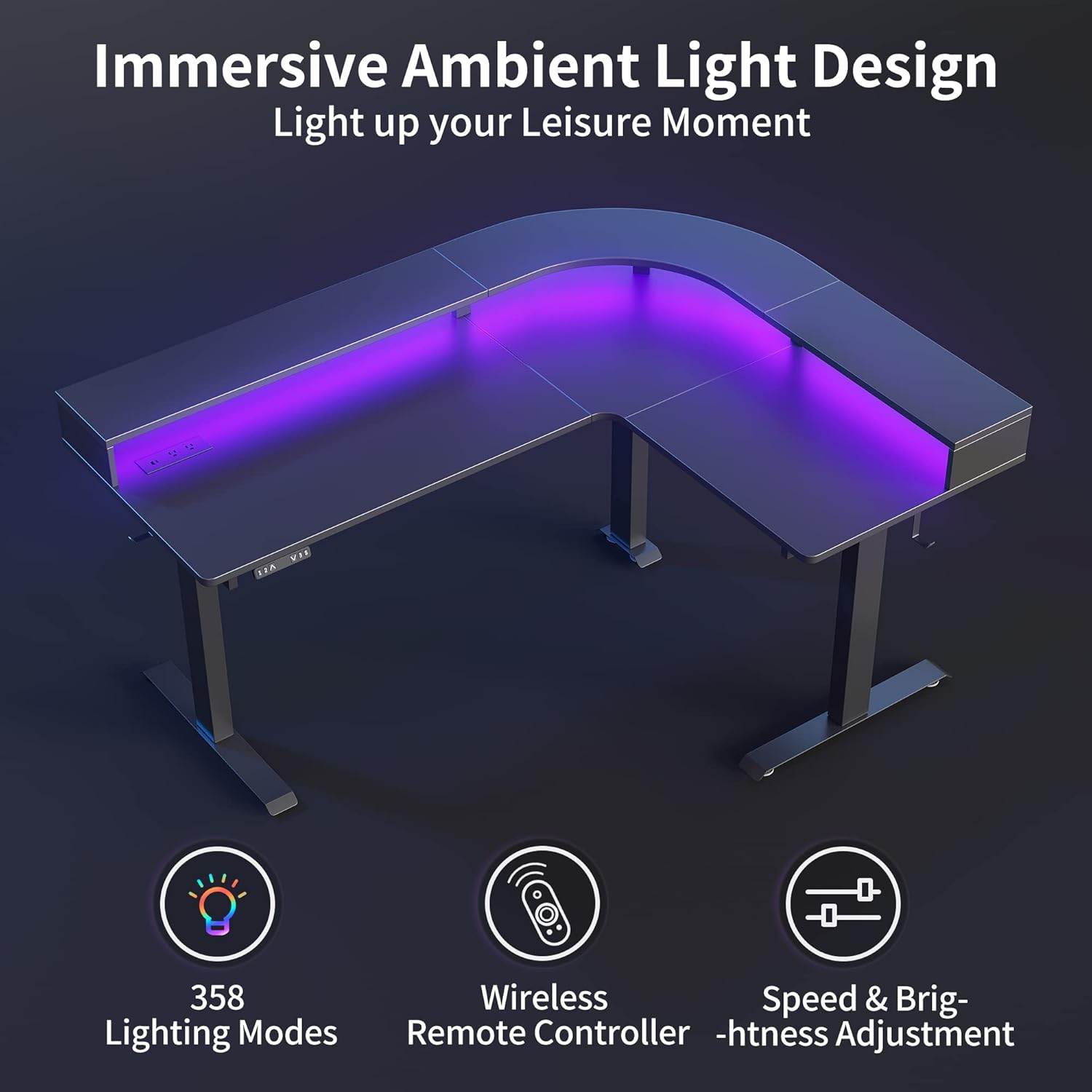 L Shaped Standing Desk with Arc LED & Power Outlet, Exclusive Uprated 3 Motors Support 330LBS