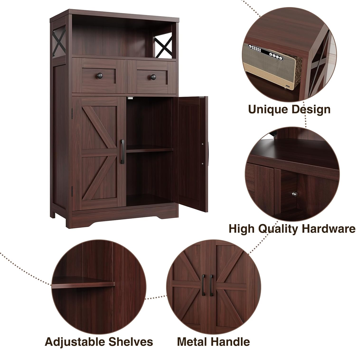 Dark Brown Storage Cabinet with Doors and Shelves, Farmhouse Kitchen Pantry Cabinet with Storage, Coffee Bar Station Cabinet