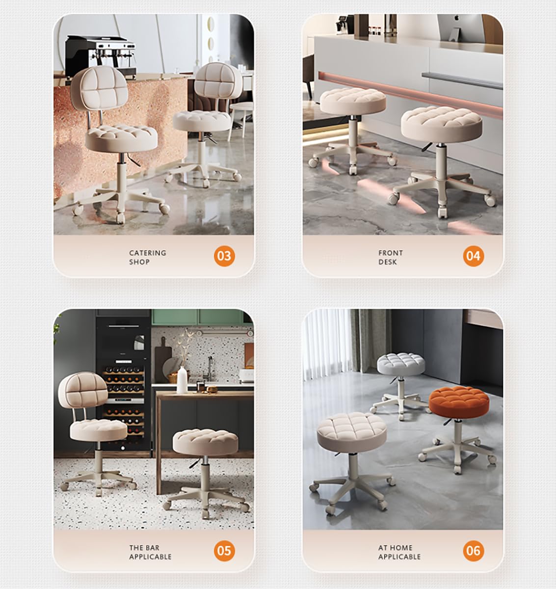 Round Rolling Stool with Back Support, Heavy Duty PU Leather Height Adjustable Swivel Stool Chair