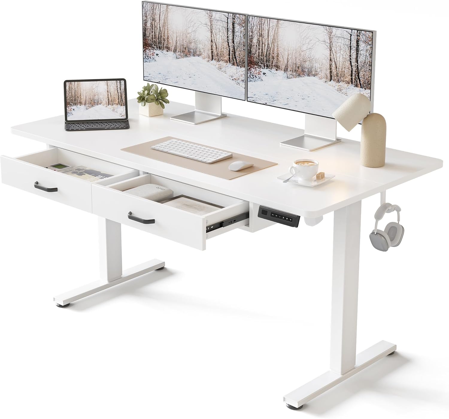 55 x 24 Inches Standing Desk with Double Wooden Drawers, Adjustable Height Electric Standing Desk