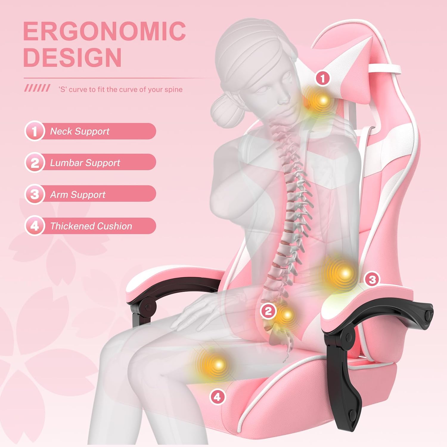 Pink Gaming Chair with Footrest,Lovely Bunny Computer Gamer Chair
