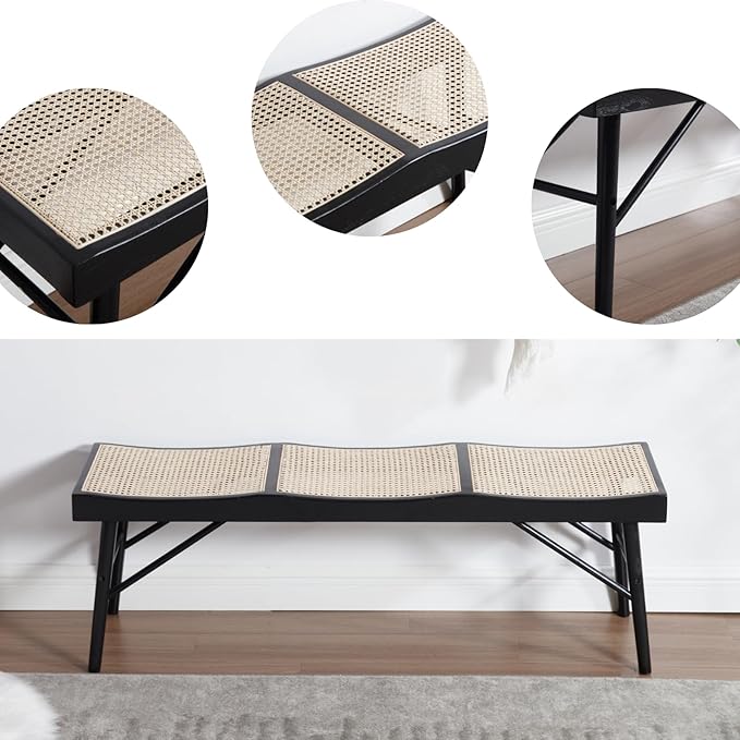 Solid Wood Entryway Bench, 55.25” Wide Natural Cane Seat Long Bench