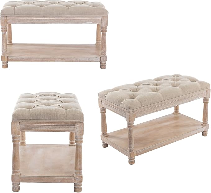 Farmhouse Tufted Storage Ottoman Bench with Shelf, 31.5" Width Linen Upholstered Entryway Shoe Ottoman