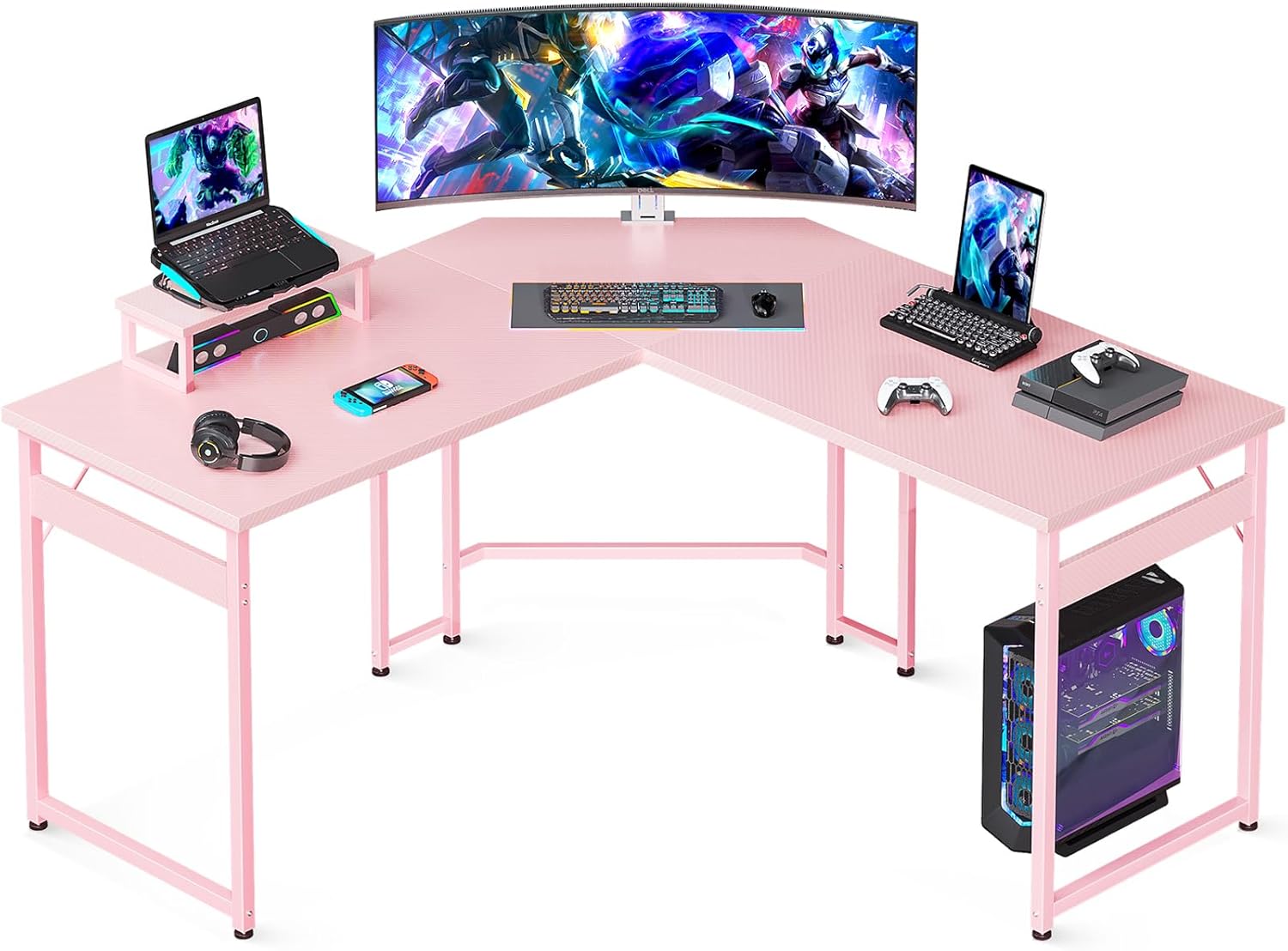 L Shaped Gaming Desk with Monitor Stand, Corner Desk Gaming Table for Home Office, Computer Desk Sturdy Writing Workstation