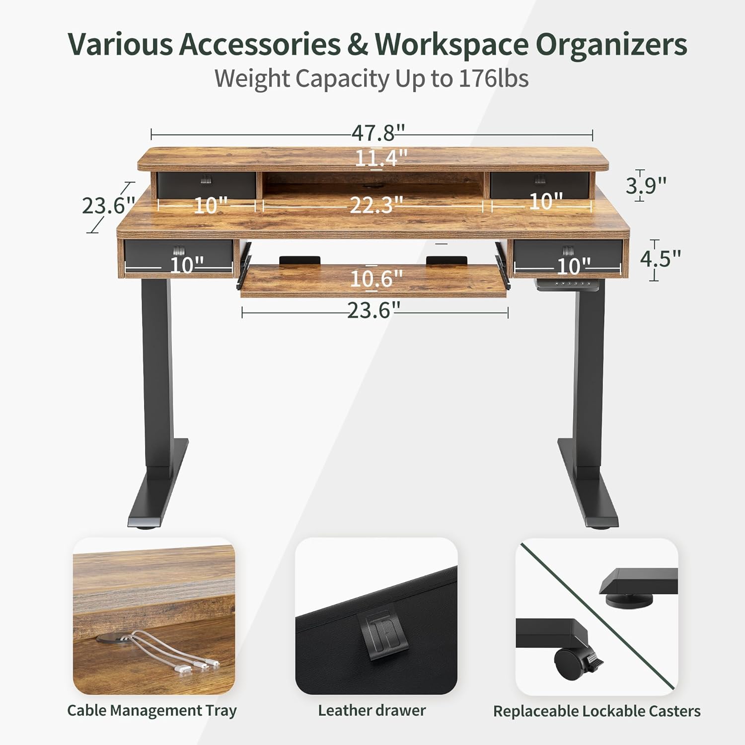 Height Adjustable Electric Standing Desk with 4 Drawers and Keyboard Tray, 48 x 24 Inch Table with Storage Shelf