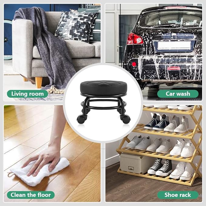 Low Roller Seat PU Leather Rolling Stool Step Stool Mechanic Stool on Wheels