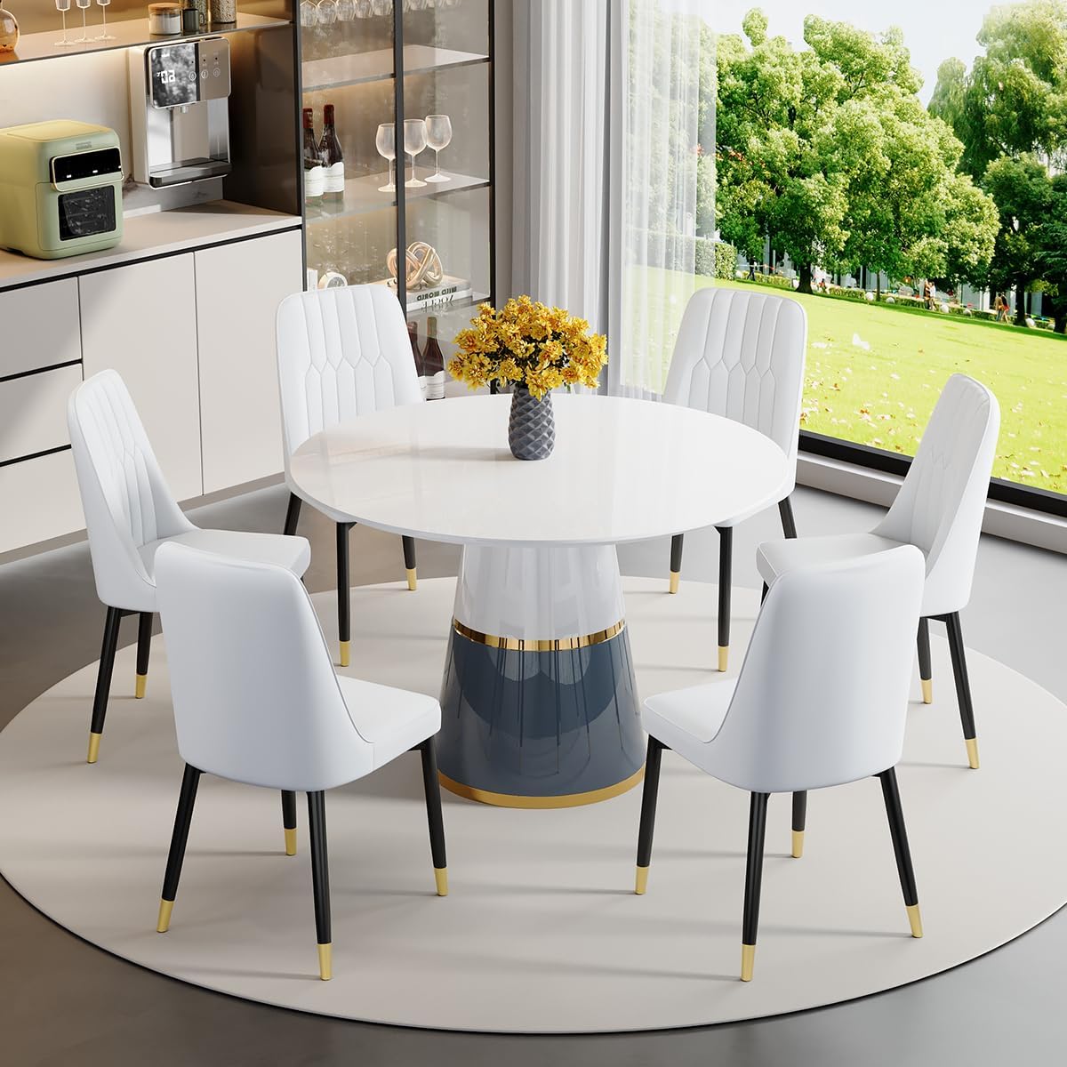 45'' Round Dining Table Set for 6, White Round Dining Table Set for 6