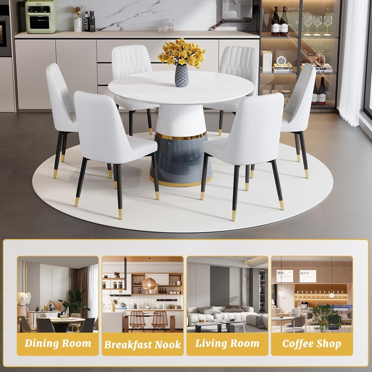45'' Round Dining Table Set for 6, White Round Dining Table Set for 6