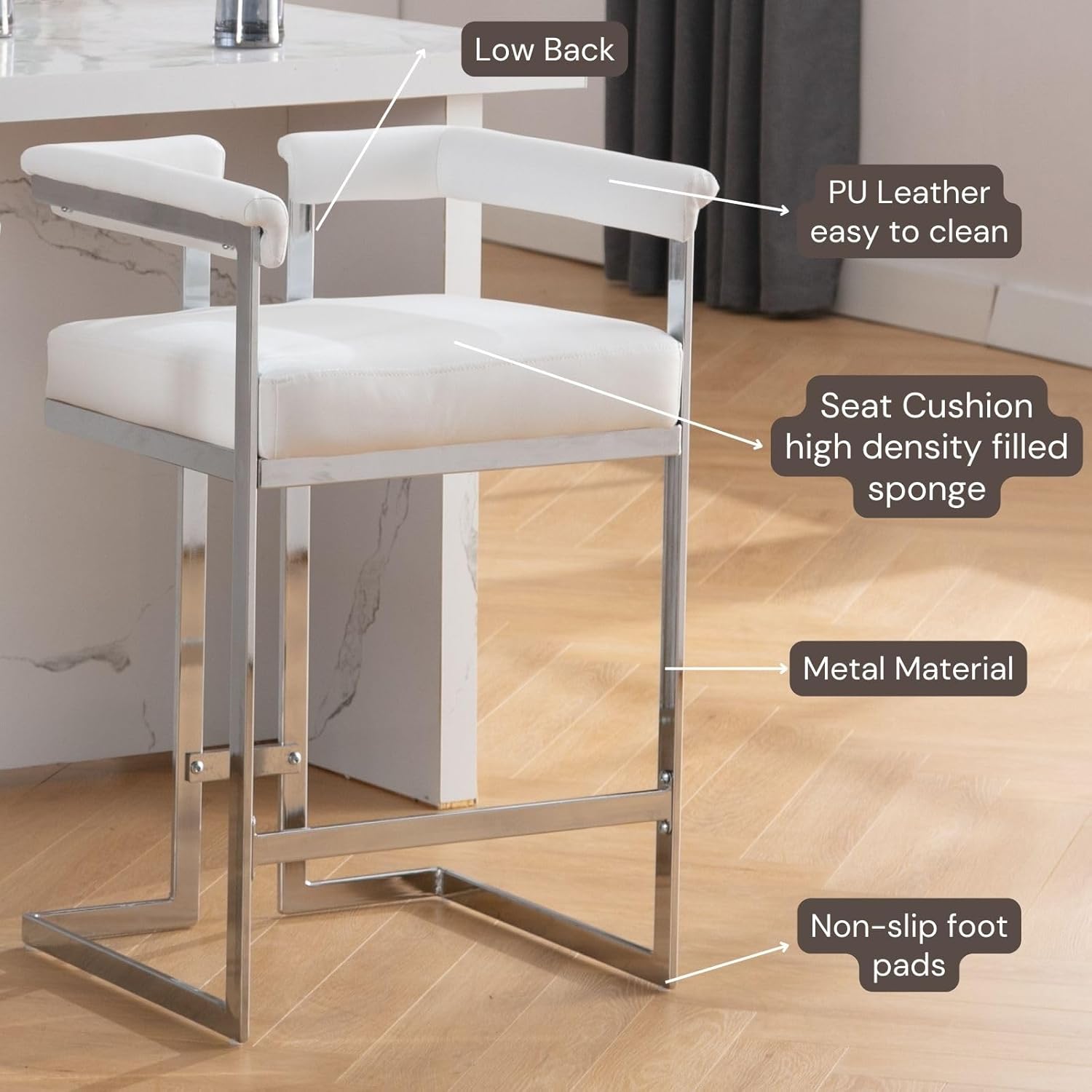 Modern Bar Stools Set of 2, 26" Counter Height Stool with Chrome Finish Metal