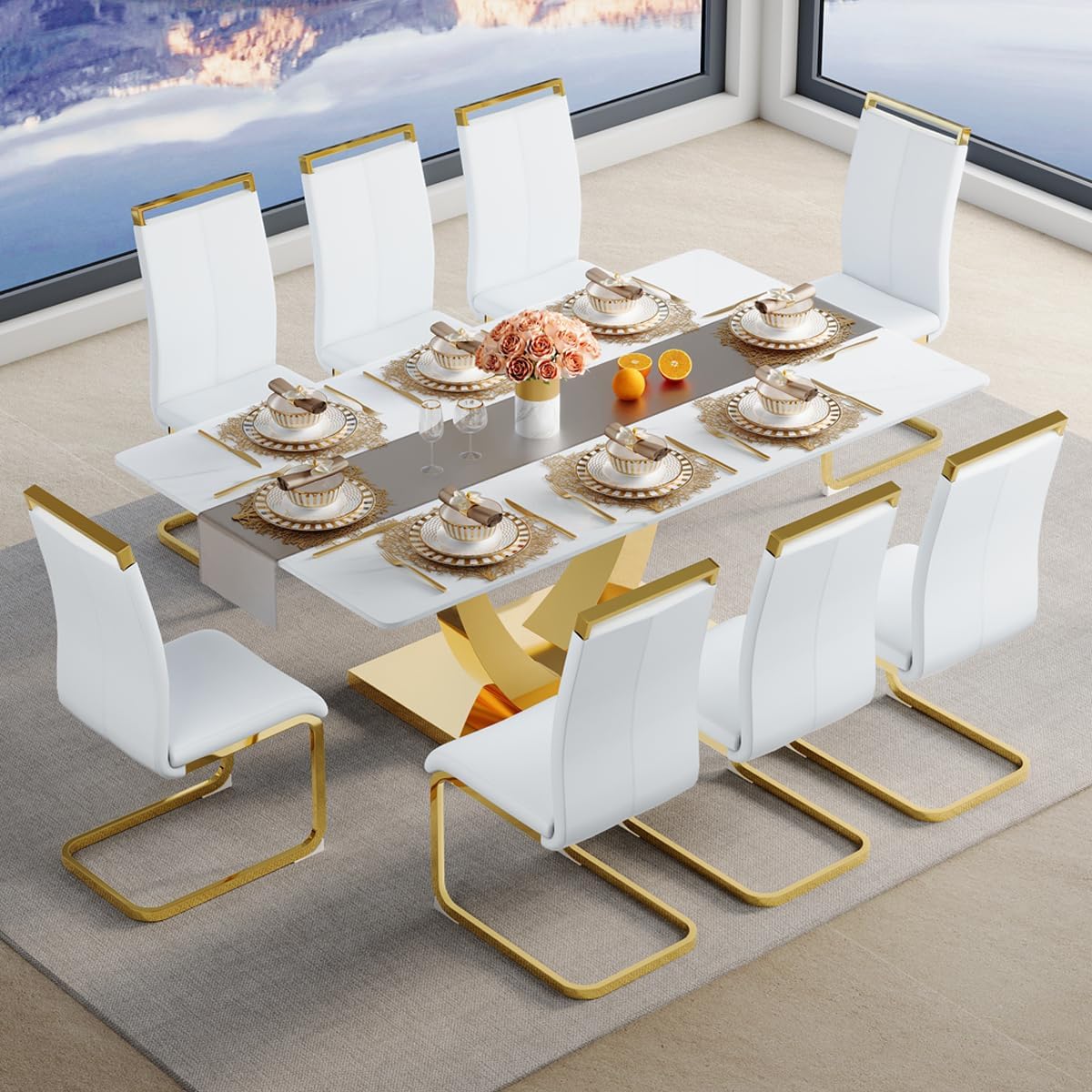 71'' Dining Table Set for 8, Modern Dining Table Set 8