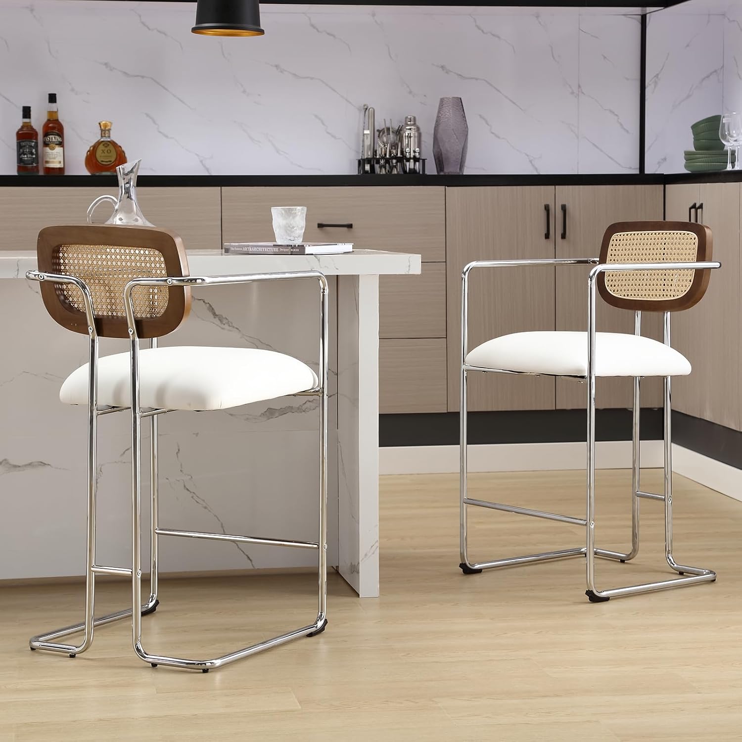 Mid-Century Modern Bar Stools Set of 2, 26" Counter Height Stools with Rattan Back