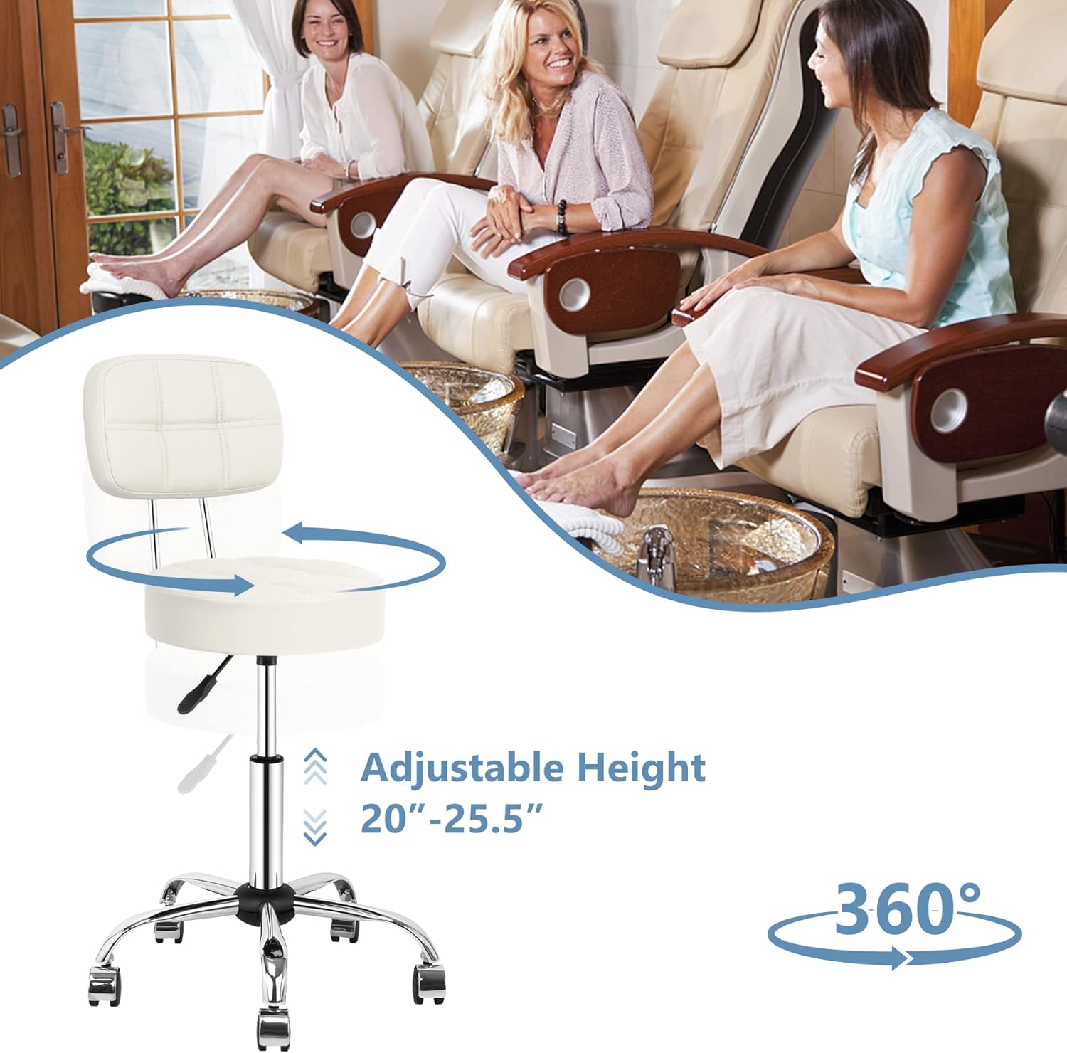 Rolling Stool with Back Support Height Adjustable Swivel Hydraulic Metal Massage Stool with Backrest