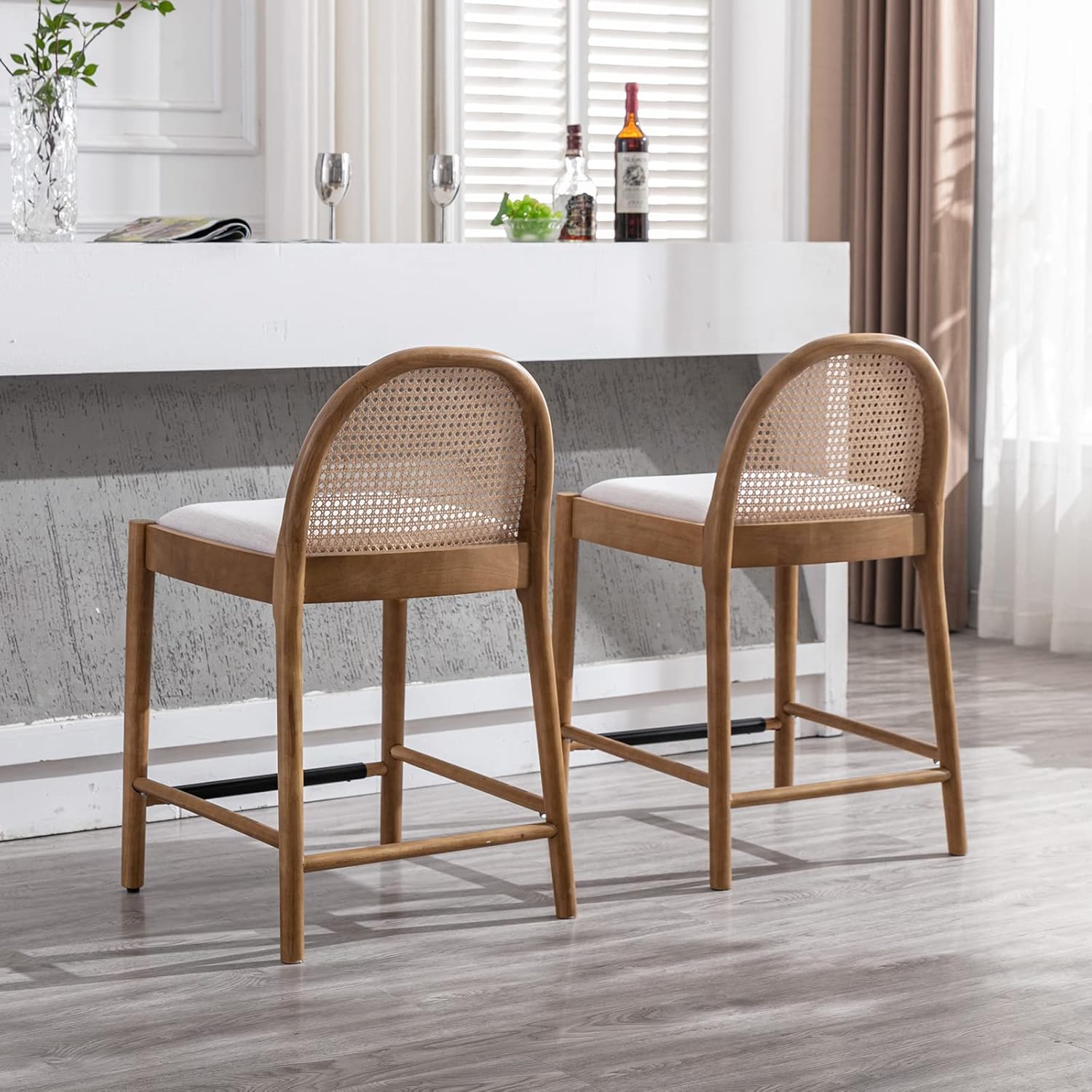 Modern Beige Rattan Counter Stools Set of 2, 26 Inch Height