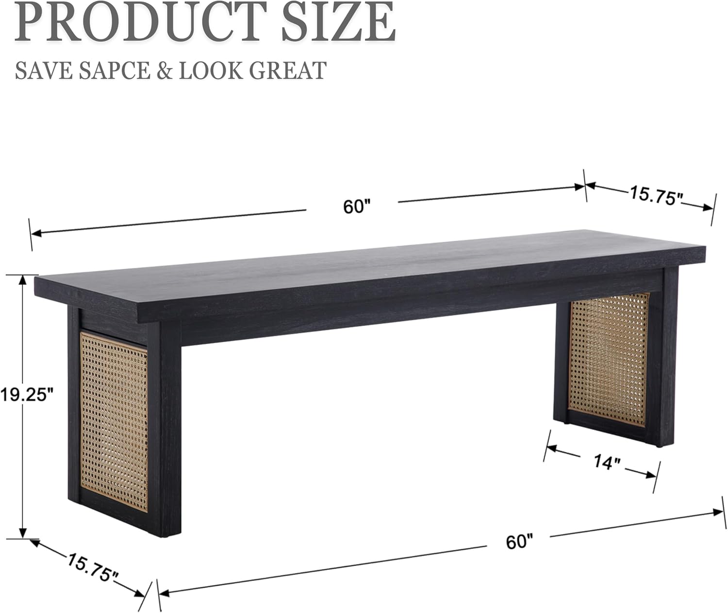 60" Wood Dining Bench with Rattan Fininsh, Farmhouse Indoor Kitchen Table Bench