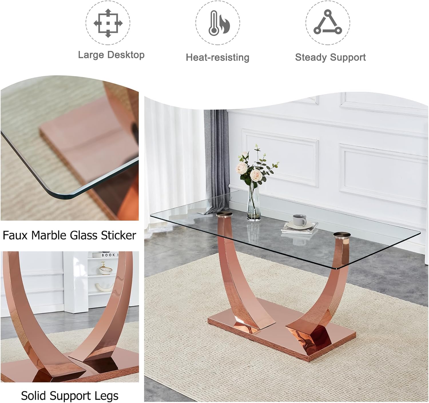 Glass Dining Table, 63" Glass Tabletop + Stainless Steel Leg + Stainless Steel Base