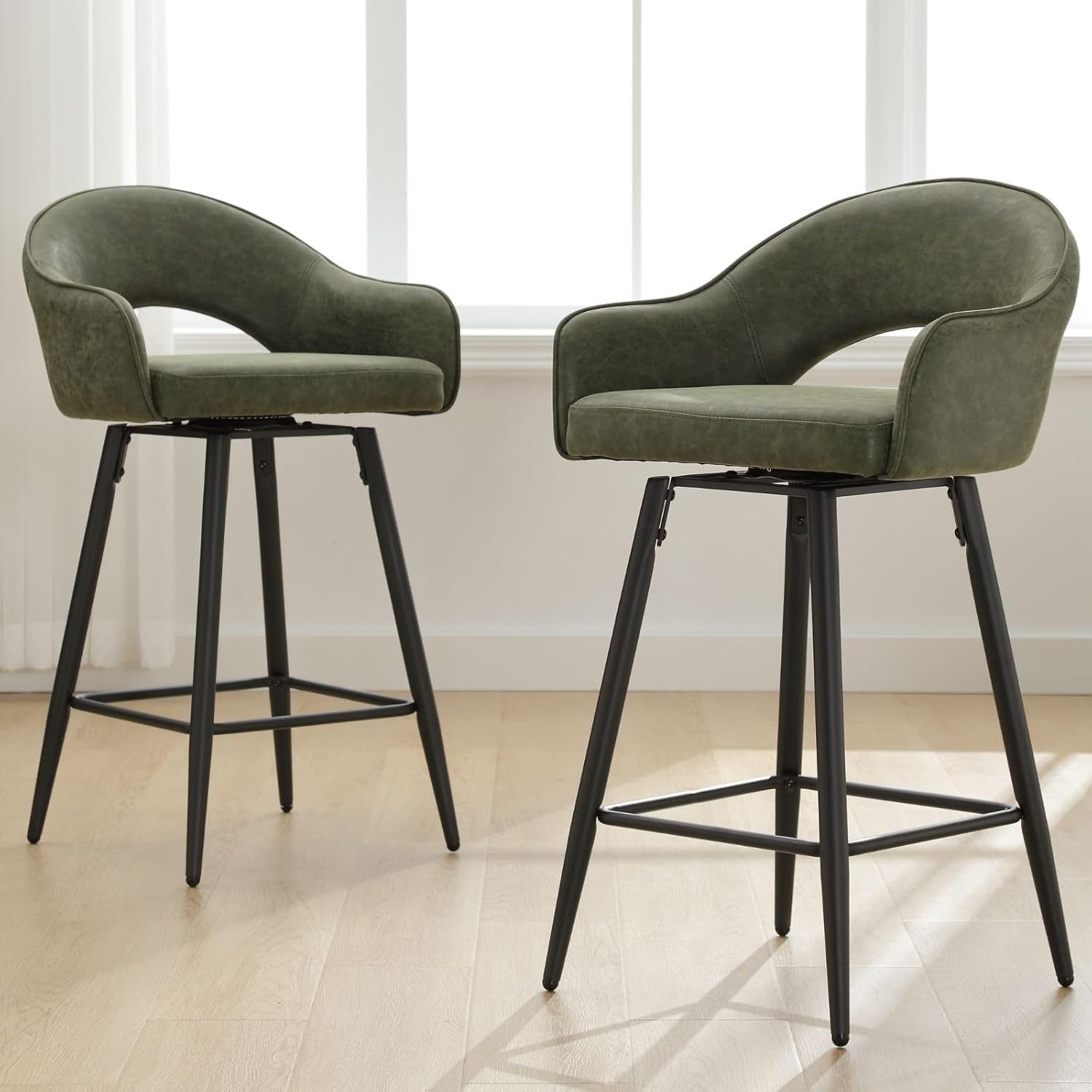 Swivel Bar Stools Set of 2, Modern 27" Counter Height Stools, PU Upholstered Kitchen Island Chair with Black Metal Legs