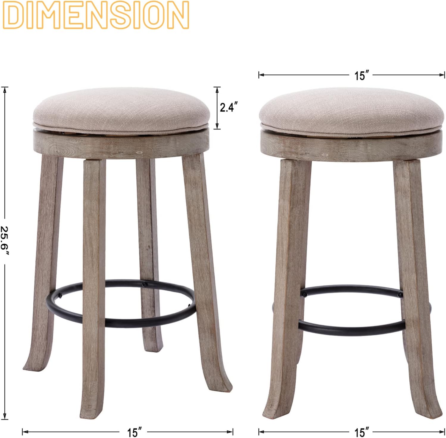 French Vintage Swivel Bar Stools Set of 2, 26” Counter Height Stools