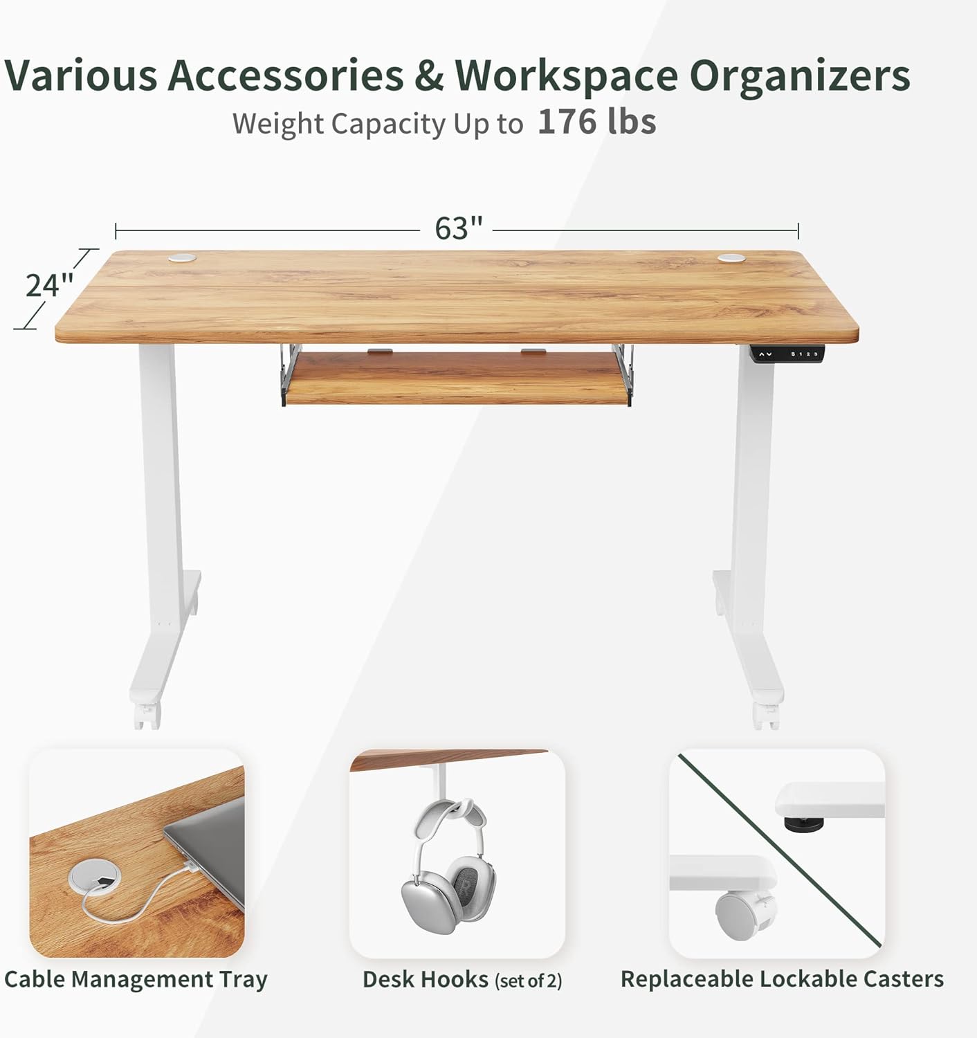 Standing Desk with Keyboard Tray, 60 × 24 Inches Electric Height Adjustable Desk, Sit Stand Up Desk