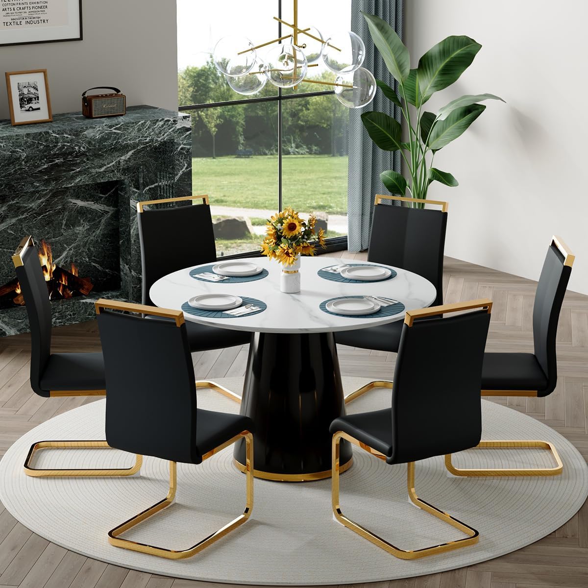 Round Dining Table Set for 6, 45'' Round Faux Marble Dining Set