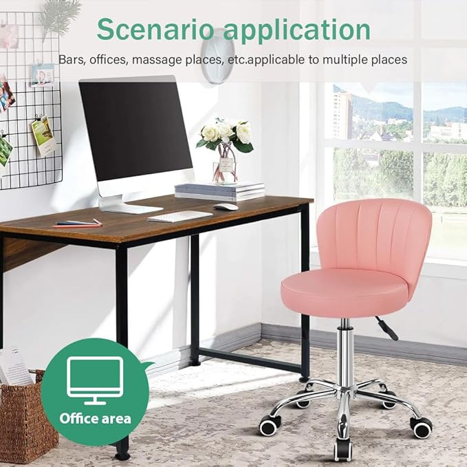 Pink Rolling Stool with Back Height Adjustable Drafting Chair for Salon Spa