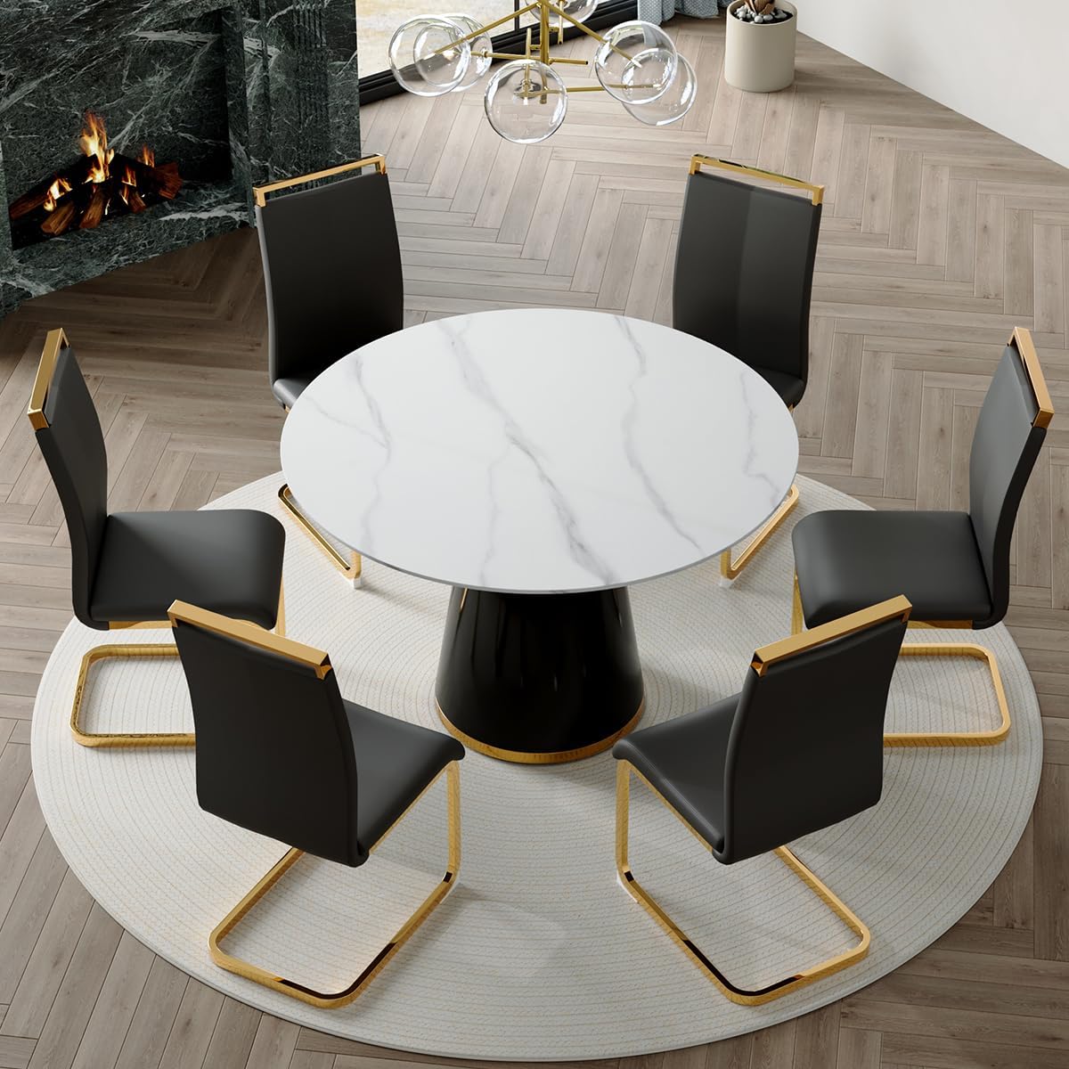 Round Dining Table Set for 6, 45'' Round Faux Marble Dining Set